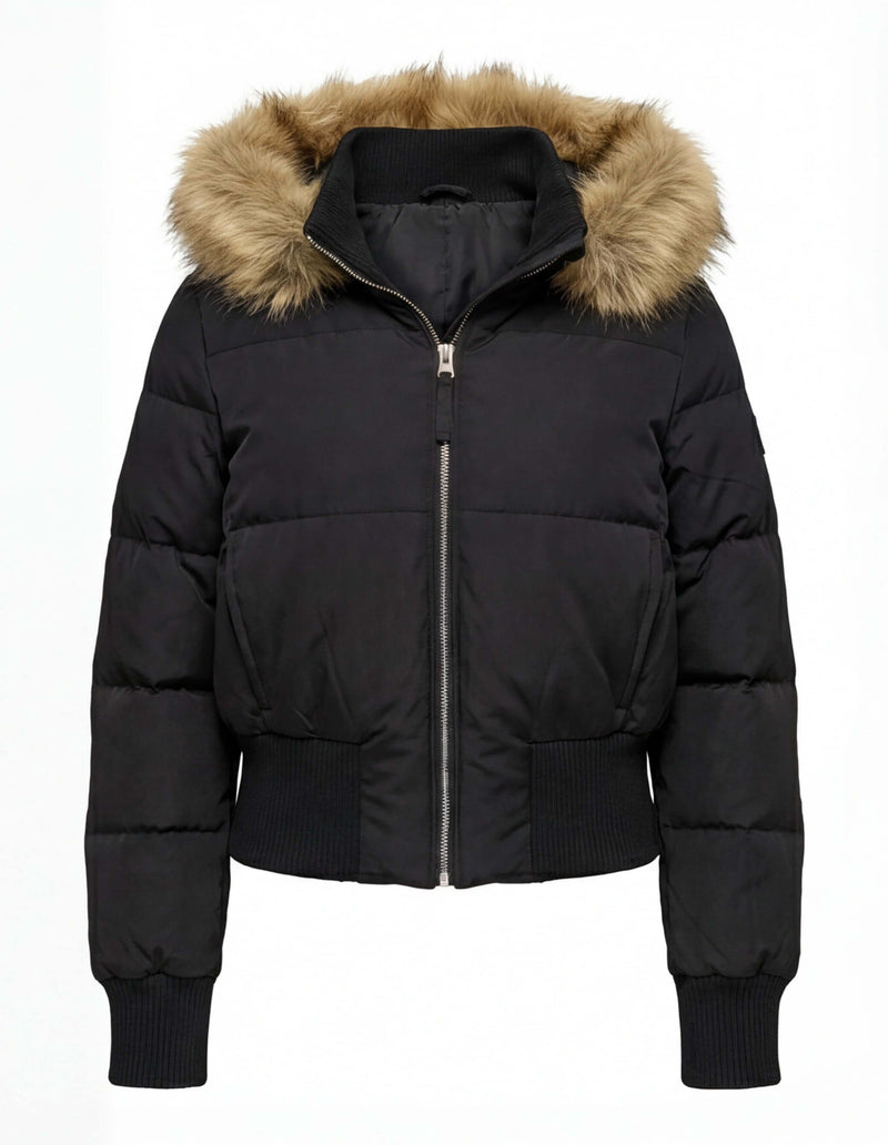 Kurze Damen-Steppjacke mit Fellkapuze
