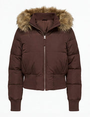 Kurze Damen-Steppjacke mit Fellkapuze