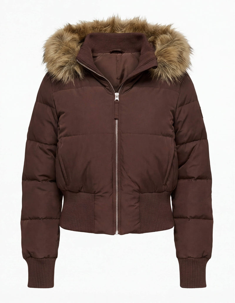 Kurze Damen-Steppjacke mit Fellkapuze