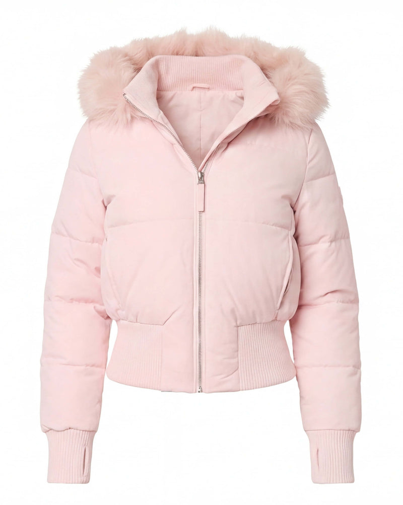 Kurze Damen-Steppjacke mit Fellkapuze