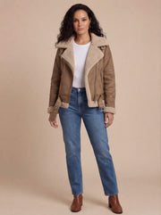 Damen-Fliegerjacke in Wildlederoptik mit Kunstfellfutter