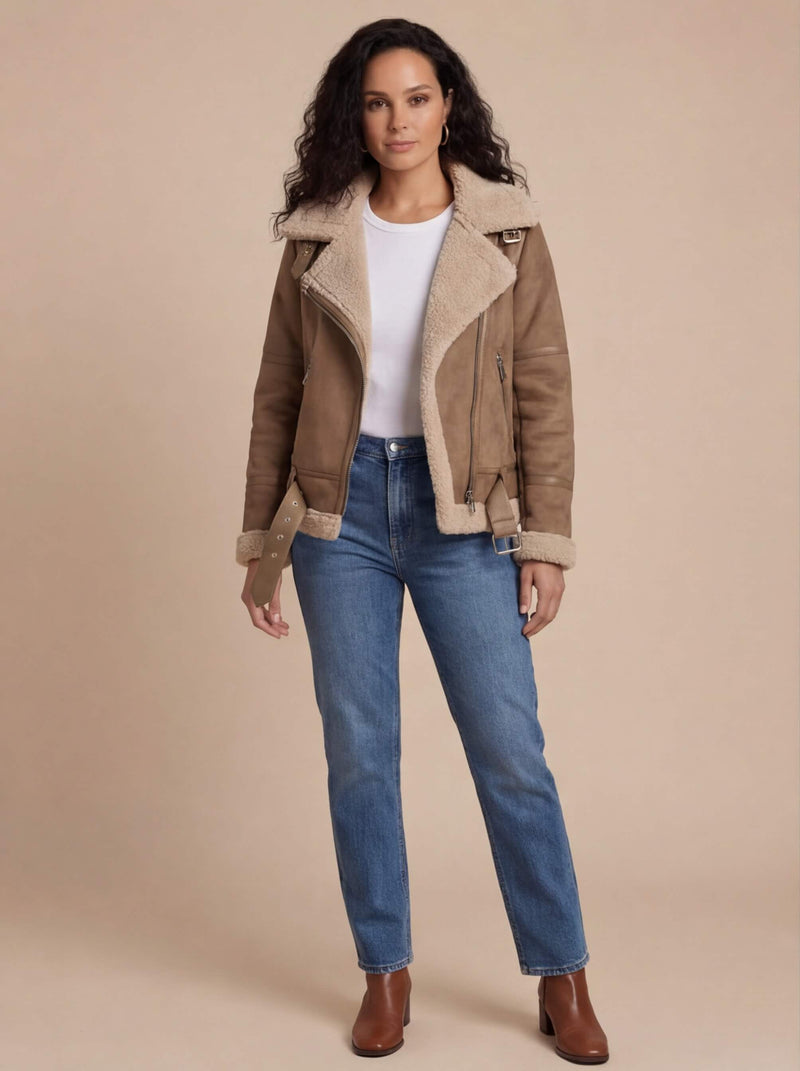 Damen-Fliegerjacke in Wildlederoptik mit Kunstfellfutter