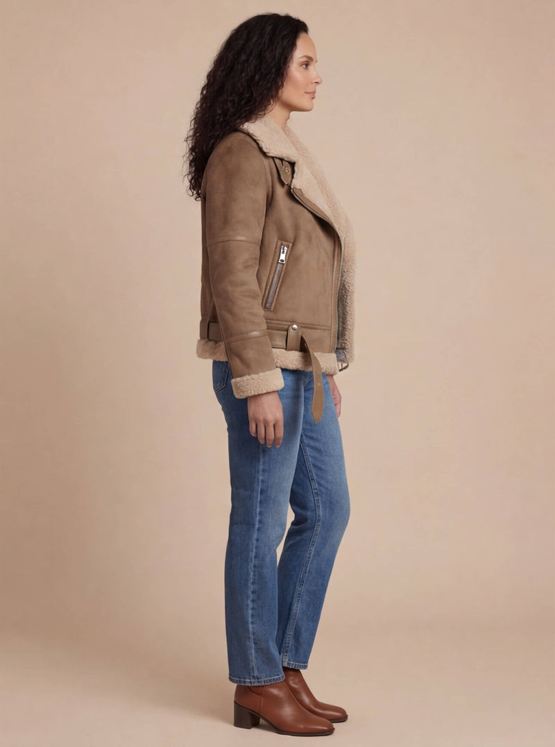 Damen-Fliegerjacke in Wildlederoptik mit Kunstfellfutter