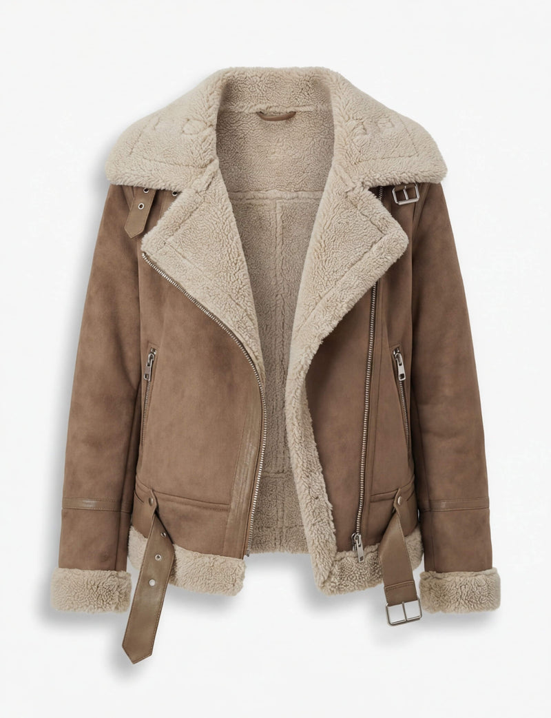 Damen-Fliegerjacke in Wildlederoptik mit Kunstfellfutter