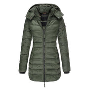 Lange gesteppte Damen-Winterjacke mit Kapuze