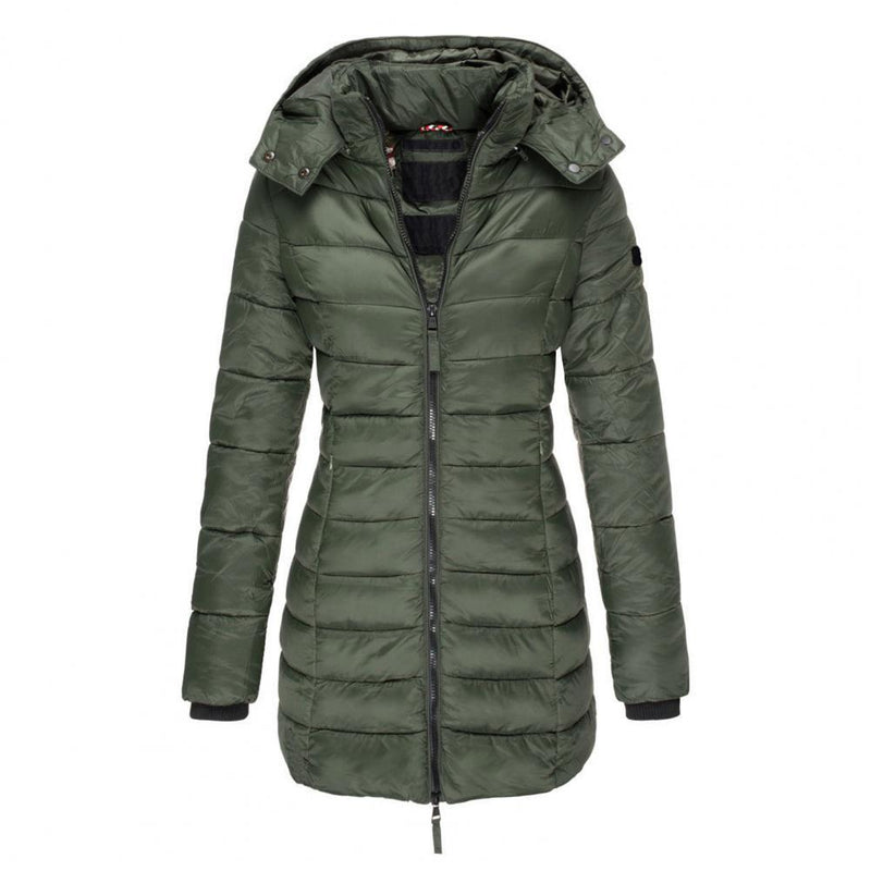 Lange gesteppte Damen-Winterjacke mit Kapuze