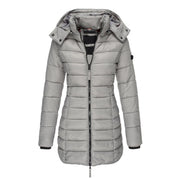 Lange gesteppte Damen-Winterjacke mit Kapuze