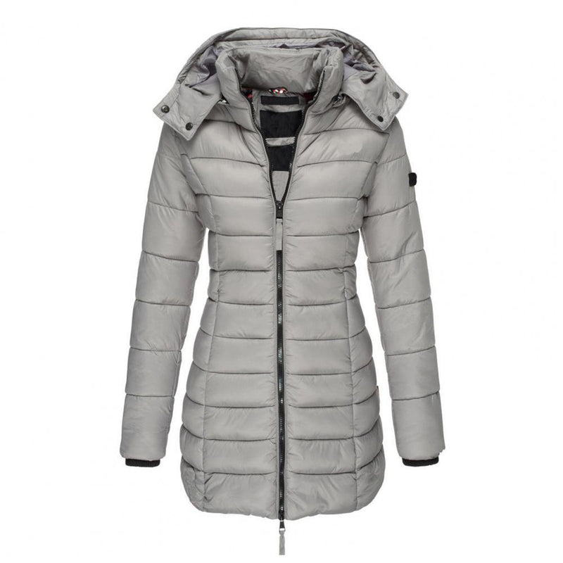 Lange gesteppte Damen-Winterjacke mit Kapuze