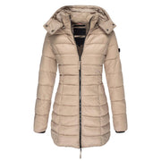 Lange gesteppte Damen-Winterjacke mit Kapuze