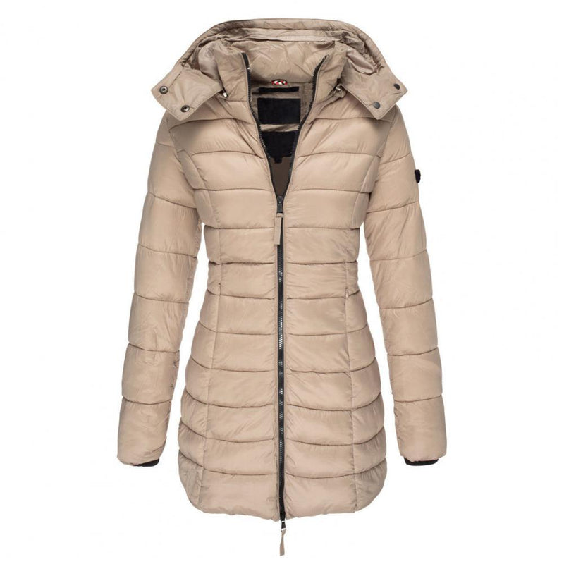 Lange gesteppte Damen-Winterjacke mit Kapuze