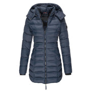 Lange gesteppte Damen-Winterjacke mit Kapuze