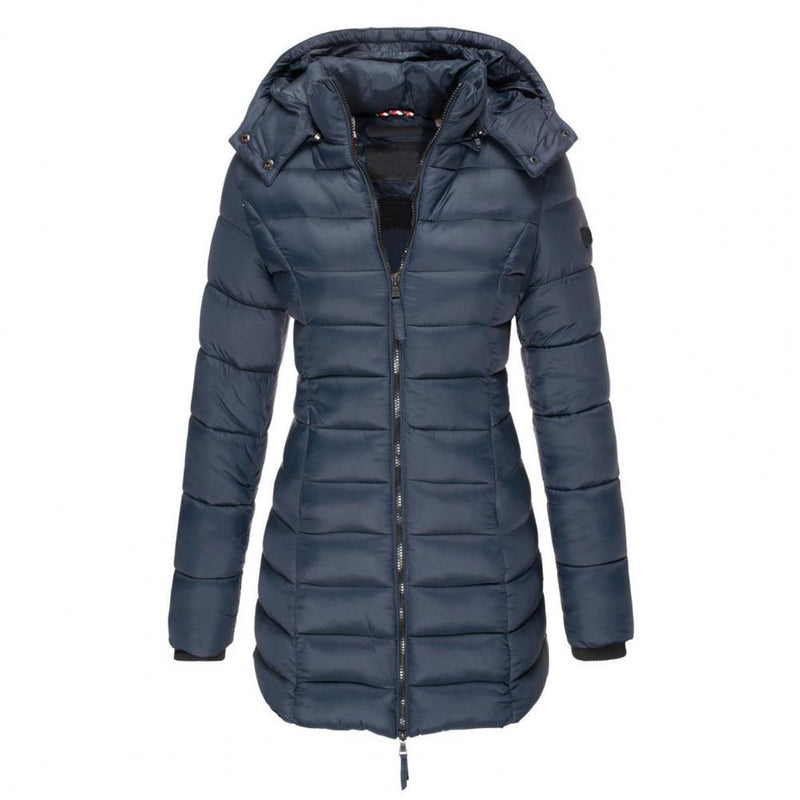 Lange gesteppte Damen-Winterjacke mit Kapuze