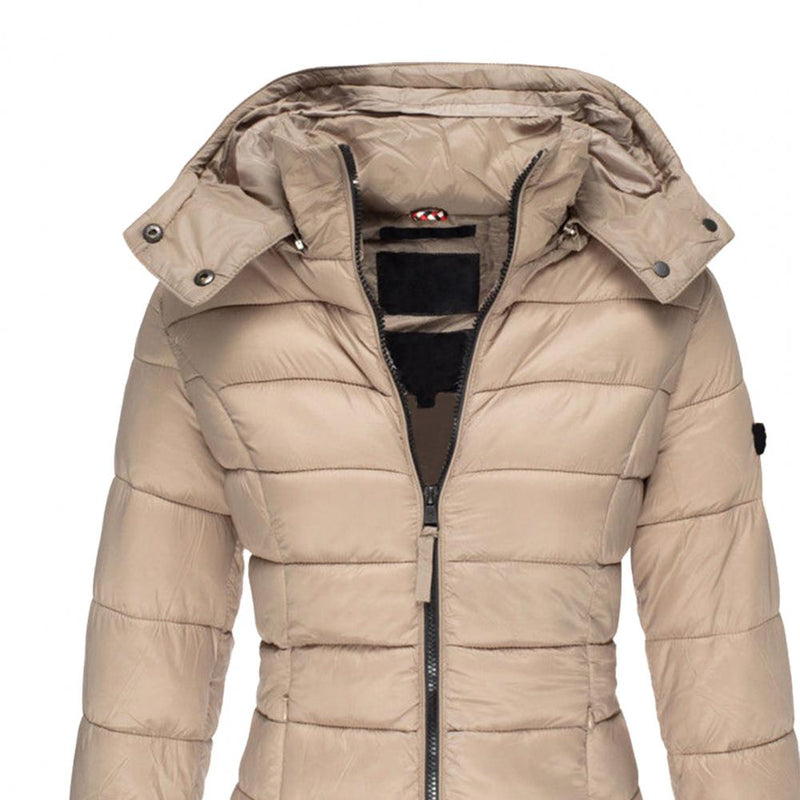 Lange gesteppte Damen-Winterjacke mit Kapuze