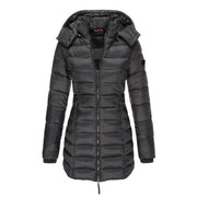 Lange gesteppte Damen-Winterjacke mit Kapuze