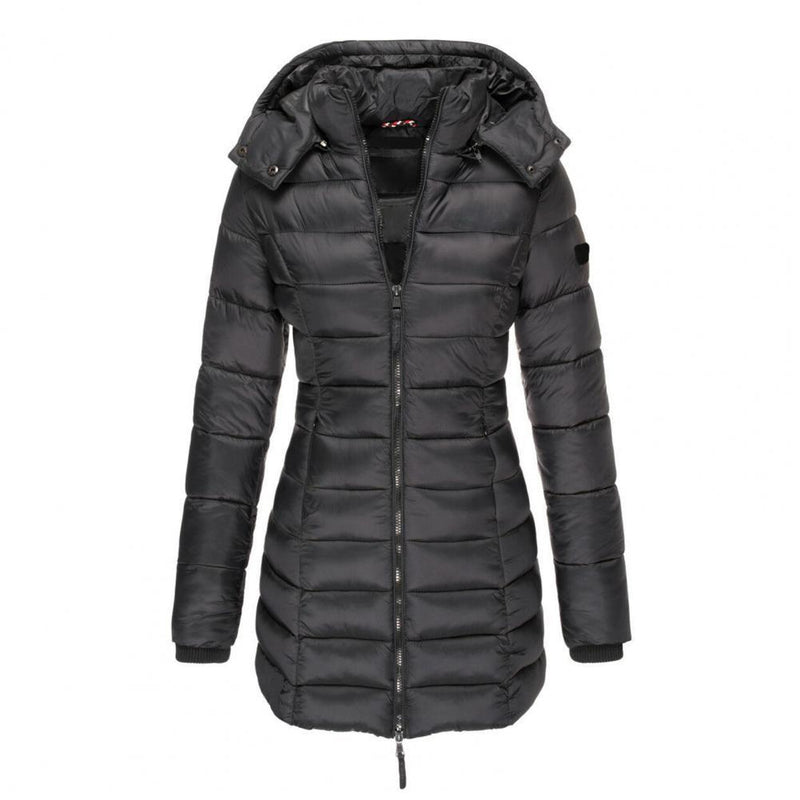 Lange gesteppte Damen-Winterjacke mit Kapuze