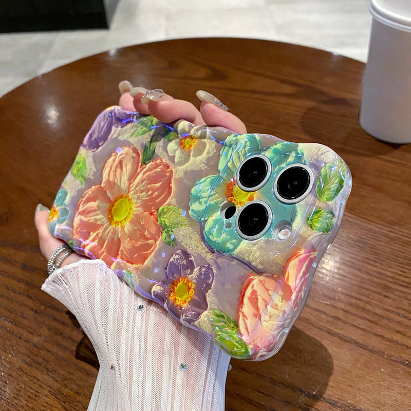 Transparente iPhone-Handyhülle mit buntem Blumenmuster und Kameraaussparungen