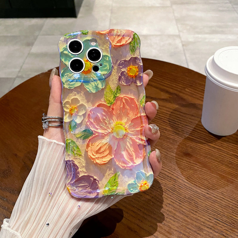 Transparente iPhone-Handyhülle mit buntem Blumenmuster und Kameraaussparungen