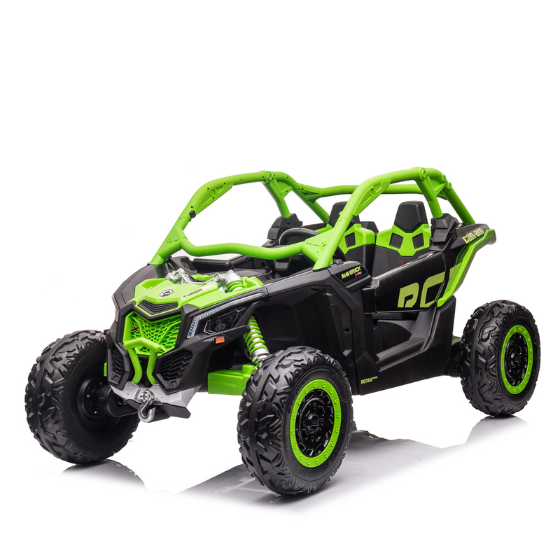 Grüner zweisitziger Kinder-Elektrobuggy mit Überrollbügeln und profilierten Reifen