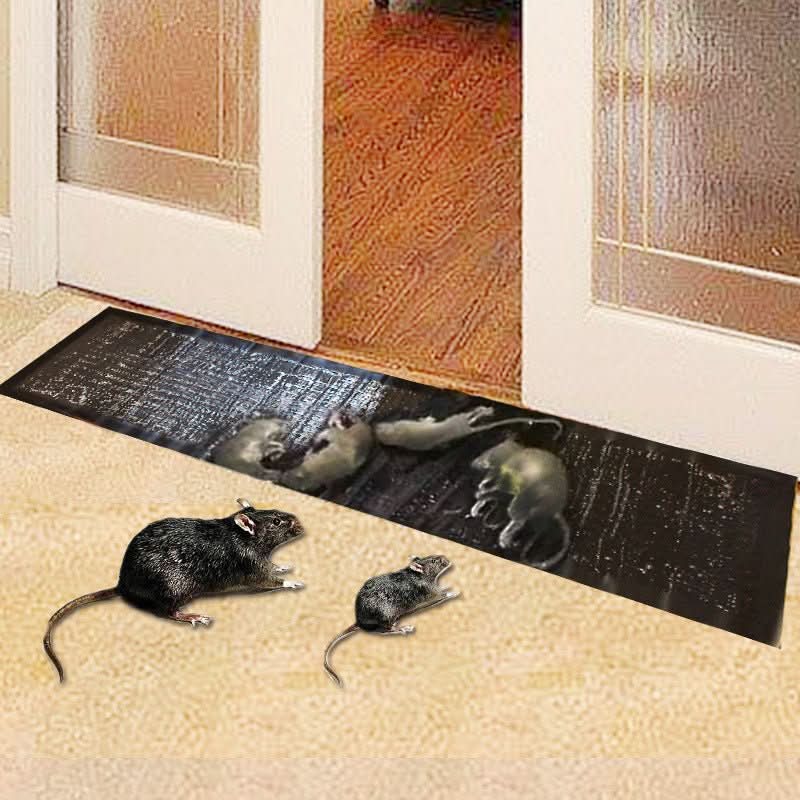Schwarze Schädlingsschutzmatte mit Rattenmotiv vor einer Tür