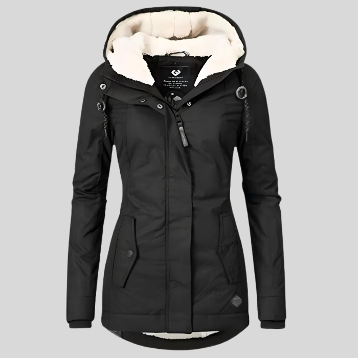 Lange Damen-Winterjacke mit Kapuze und Teddyfutter