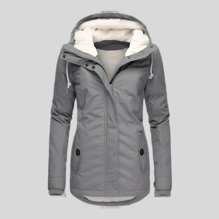 Lange Damen-Winterjacke mit Kapuze und Teddyfutter