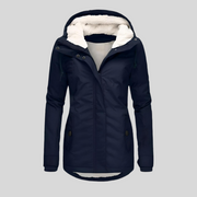 Lange Damen-Winterjacke mit Kapuze und Teddyfutter