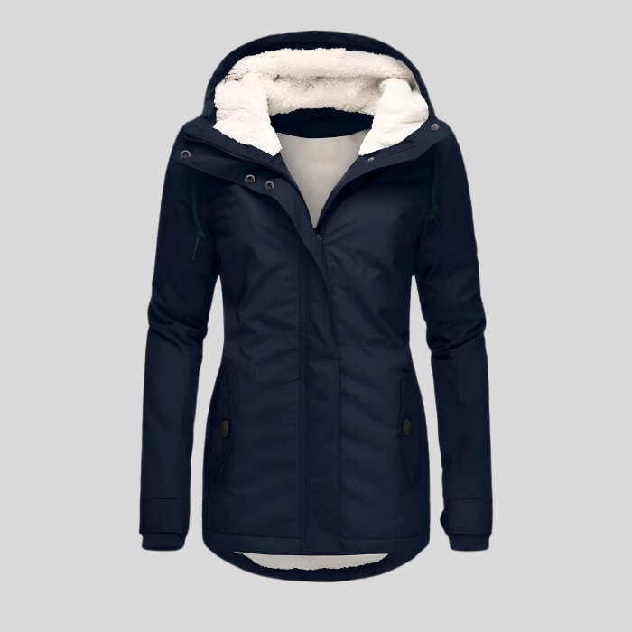 Lange Damen-Winterjacke mit Kapuze und Teddyfutter