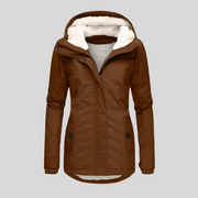 Lange Damen-Winterjacke mit Kapuze und Teddyfutter
