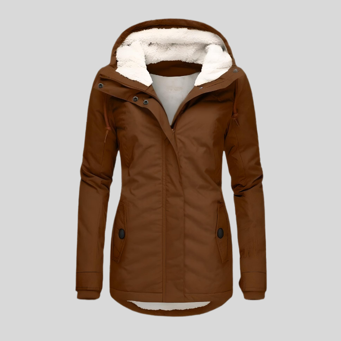 Lange Damen-Winterjacke mit Kapuze und Teddyfutter