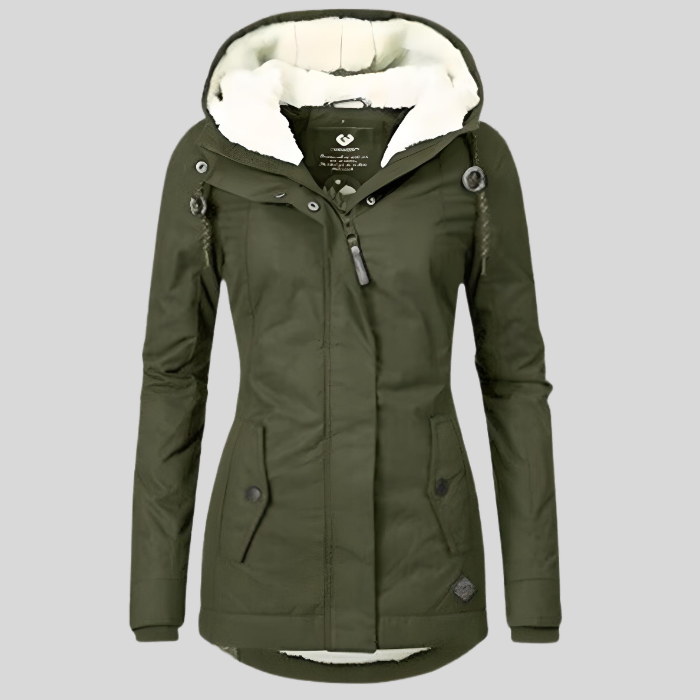 Lange Damen-Winterjacke mit Kapuze und Teddyfutter