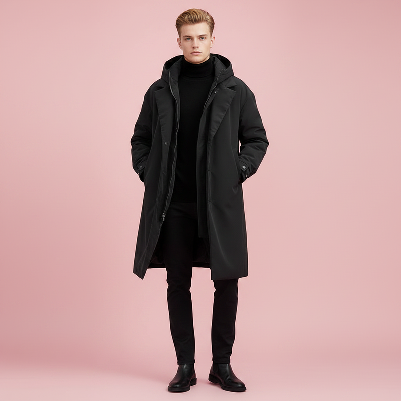 Langer Herren-Mantel mit Kapuze