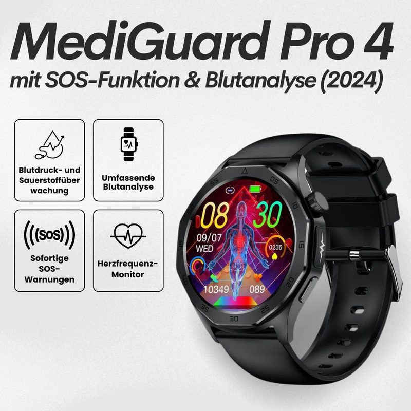 Schwarze Smartwatch mit rundem Farbdisplay und SOS-Funktion