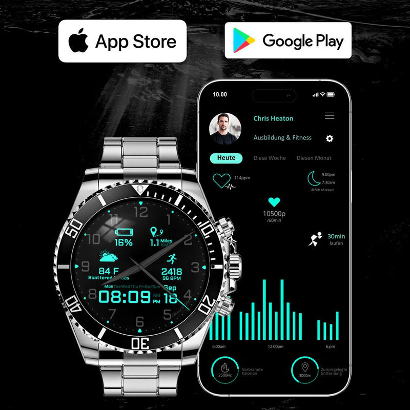 Intelligente Armbanduhr mit Chronographen-Zifferblatt und glänzendem Gliederarmband