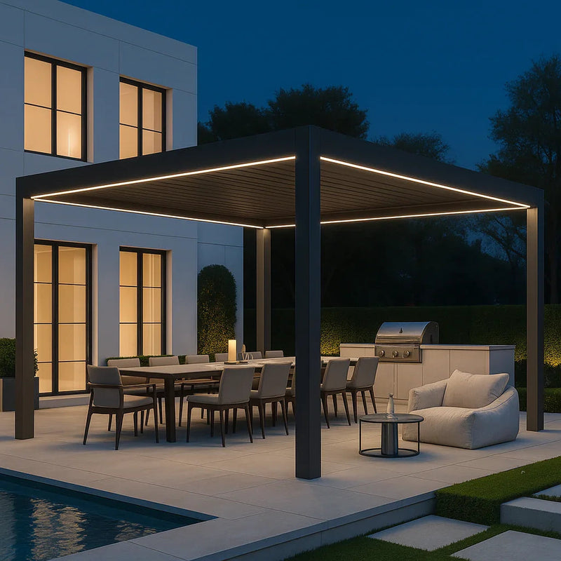 Rechteckige Pergola mit vier Pfosten und überdachtem Dach auf einer Gartenterrasse
