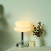 Tischlampe aus Glas mit zweiteiligem Schirm, Metallgestell und runder Basis