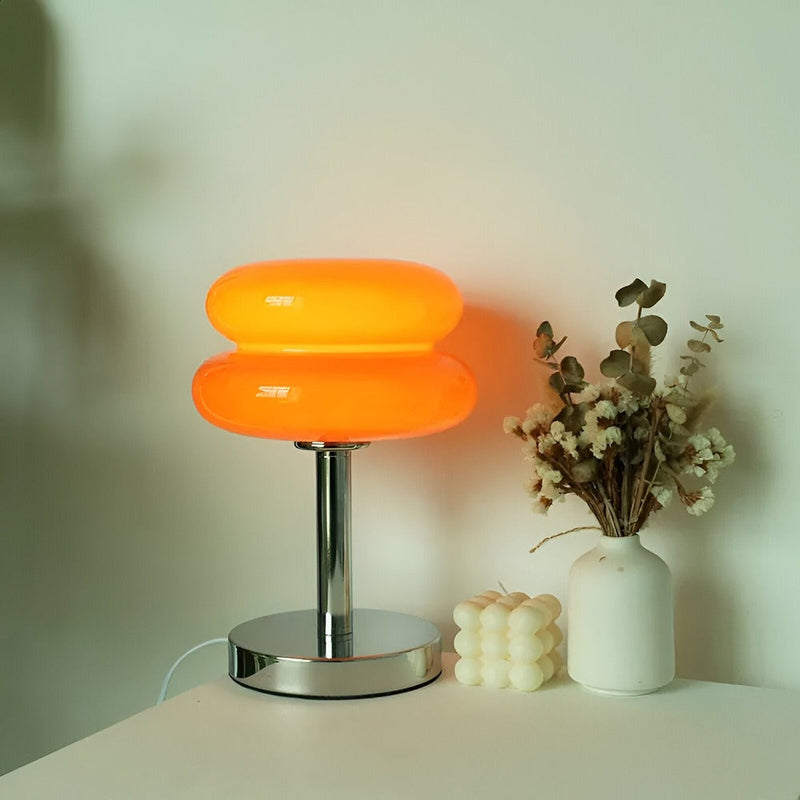 Tischlampe aus Glas mit zweiteiligem Schirm, Metallgestell und runder Basis