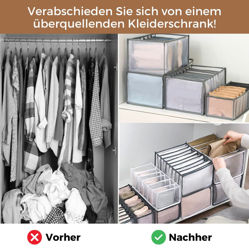 Graue faltbare Aufbewahrungsboxen für Kleidung im Kleiderschrank