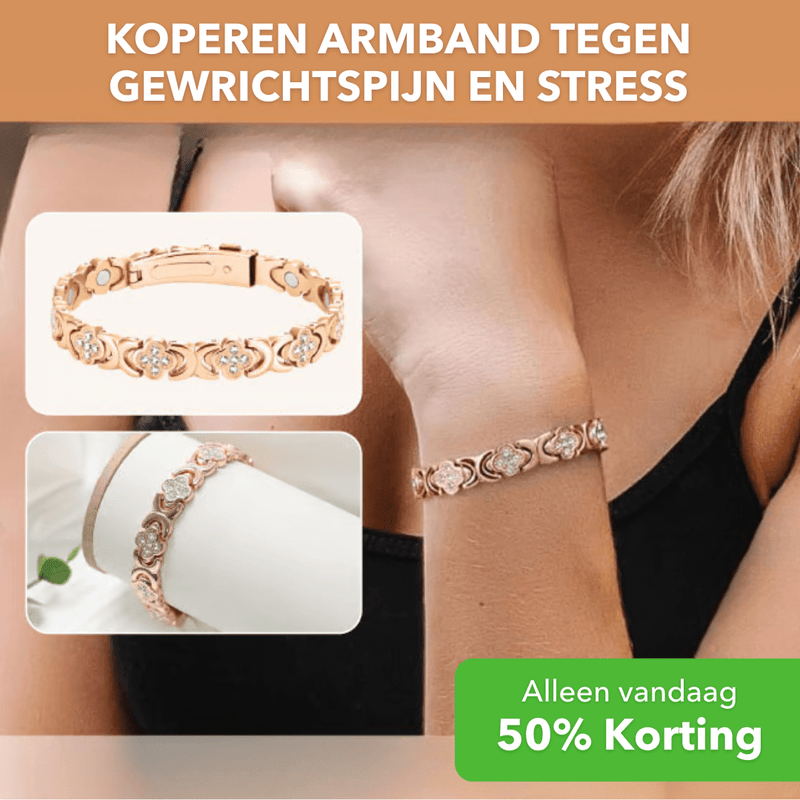 Roségoldfarbenes Kupferarmband mit Blumenornamenten und hellen Schmucksteinen