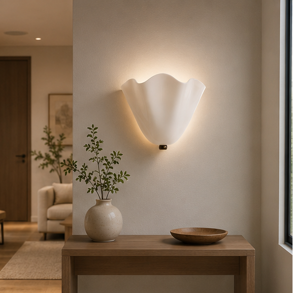 Retro-Wandleuchte aus farbigem Glas in Muschelform