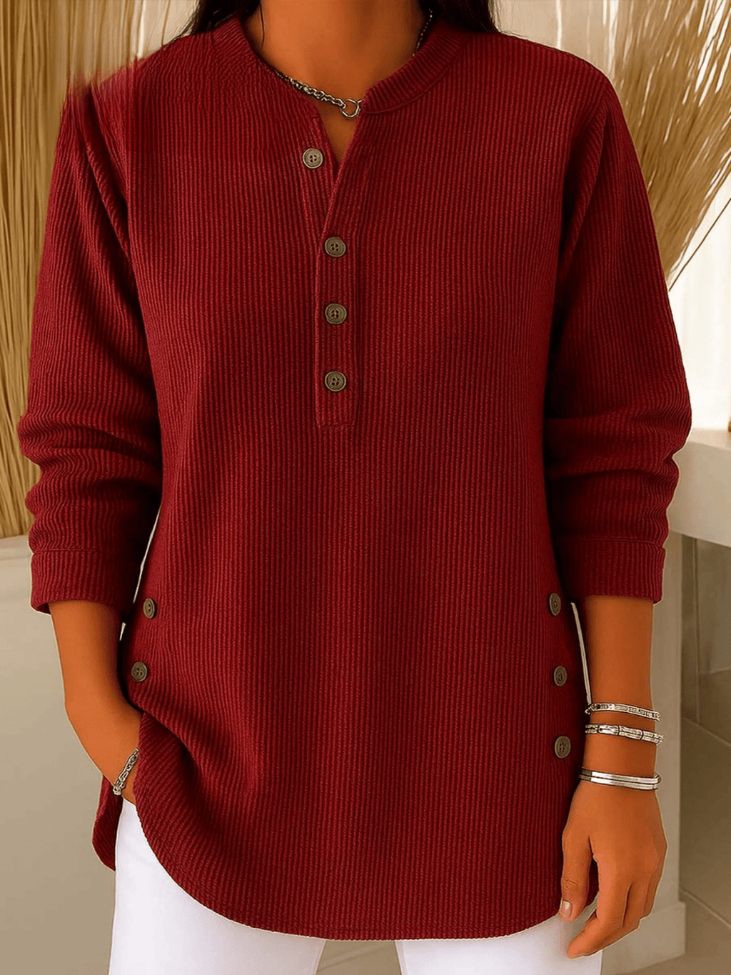 Geripptes Damen-Longshirt mit Henley-Ausschnitt