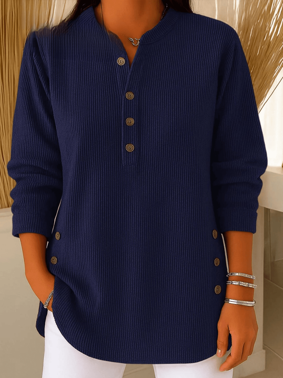 Geripptes Damen-Longshirt mit Henley-Ausschnitt