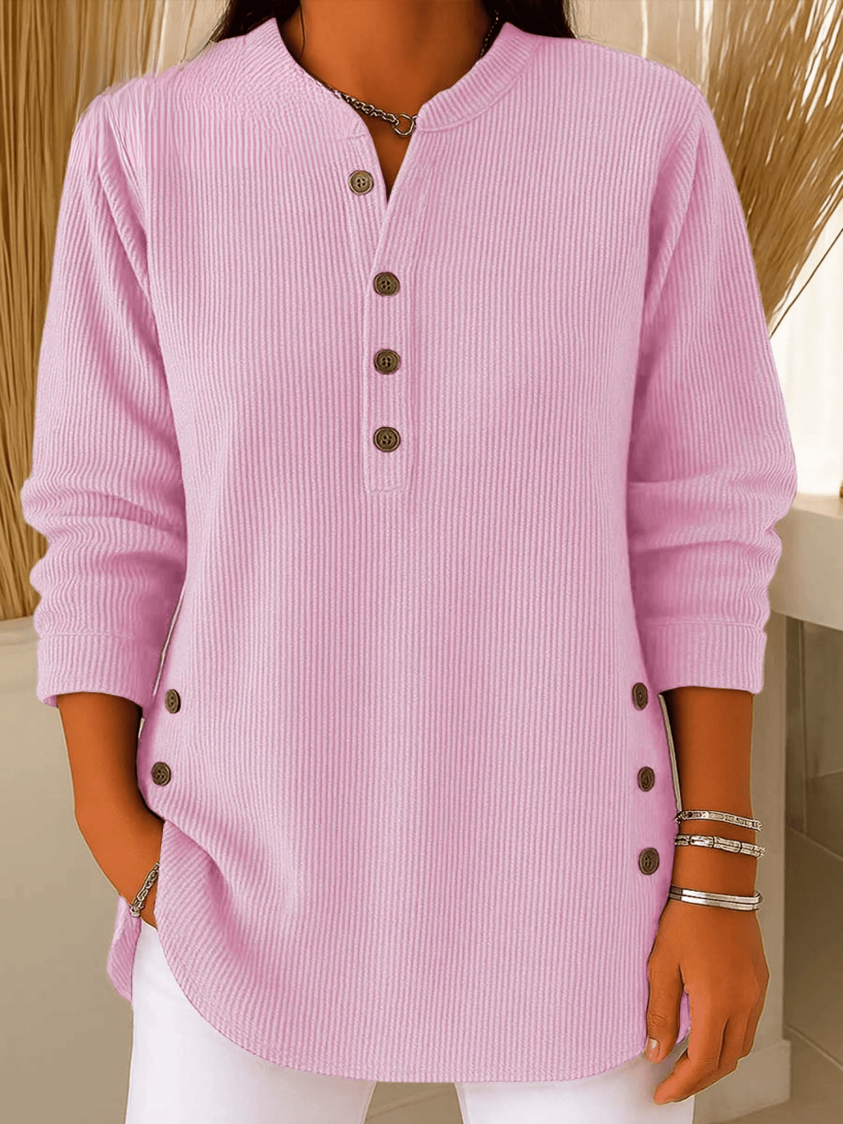 Geripptes Damen-Longshirt mit Henley-Ausschnitt