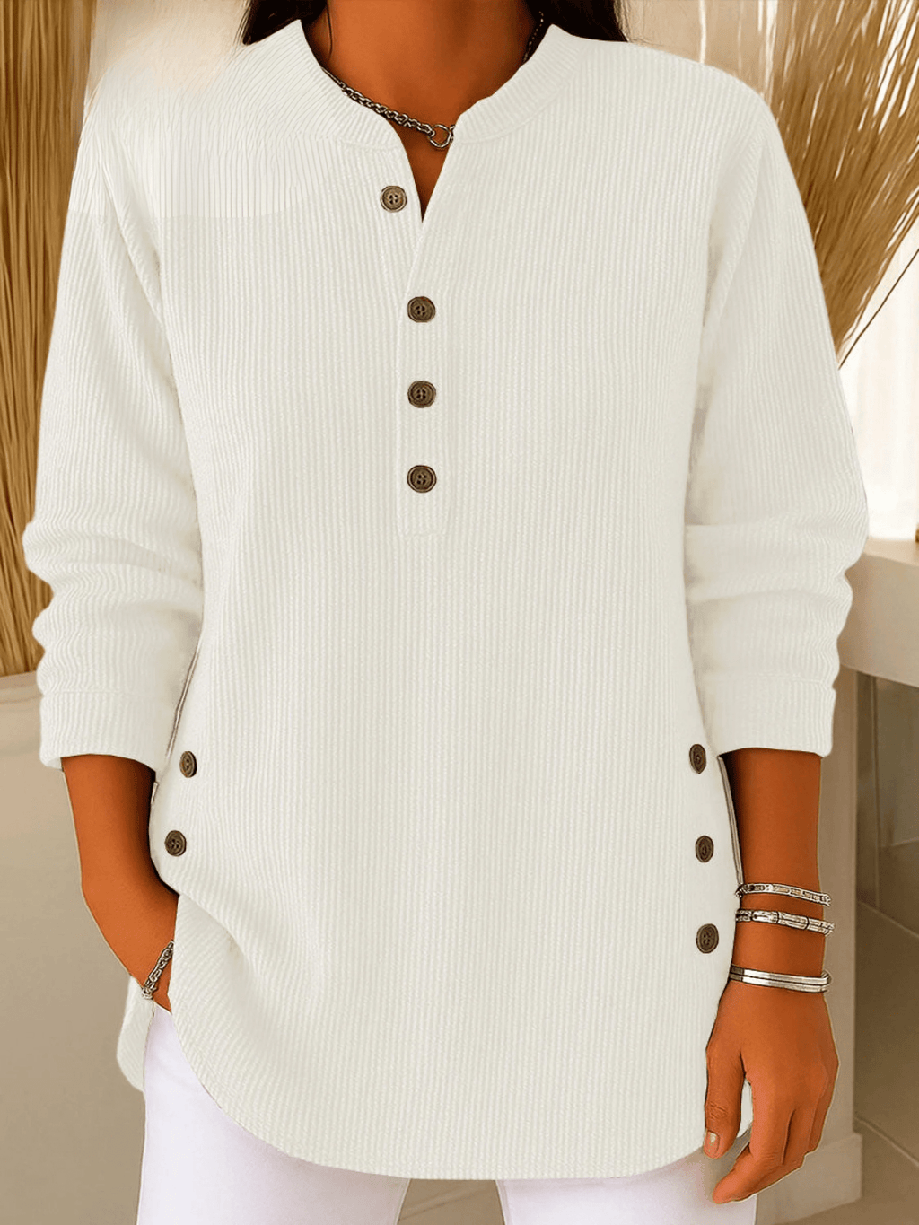 Geripptes Damen-Longshirt mit Henley-Ausschnitt