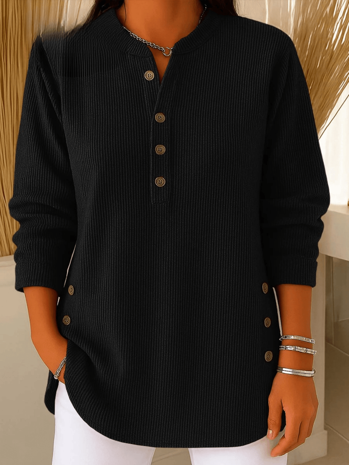 Geripptes Damen-Longshirt mit Henley-Ausschnitt