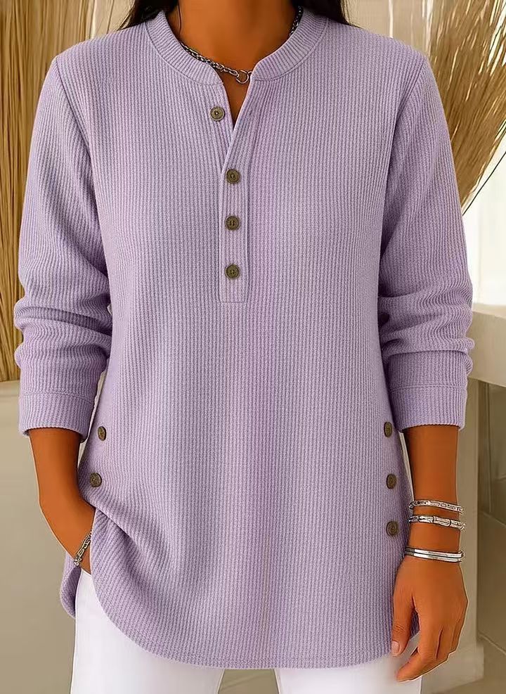Geripptes Damen-Longshirt mit Henley-Ausschnitt