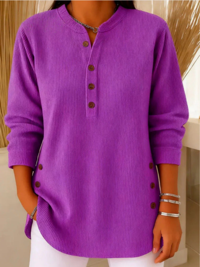 Geripptes Damen-Longshirt mit Henley-Ausschnitt