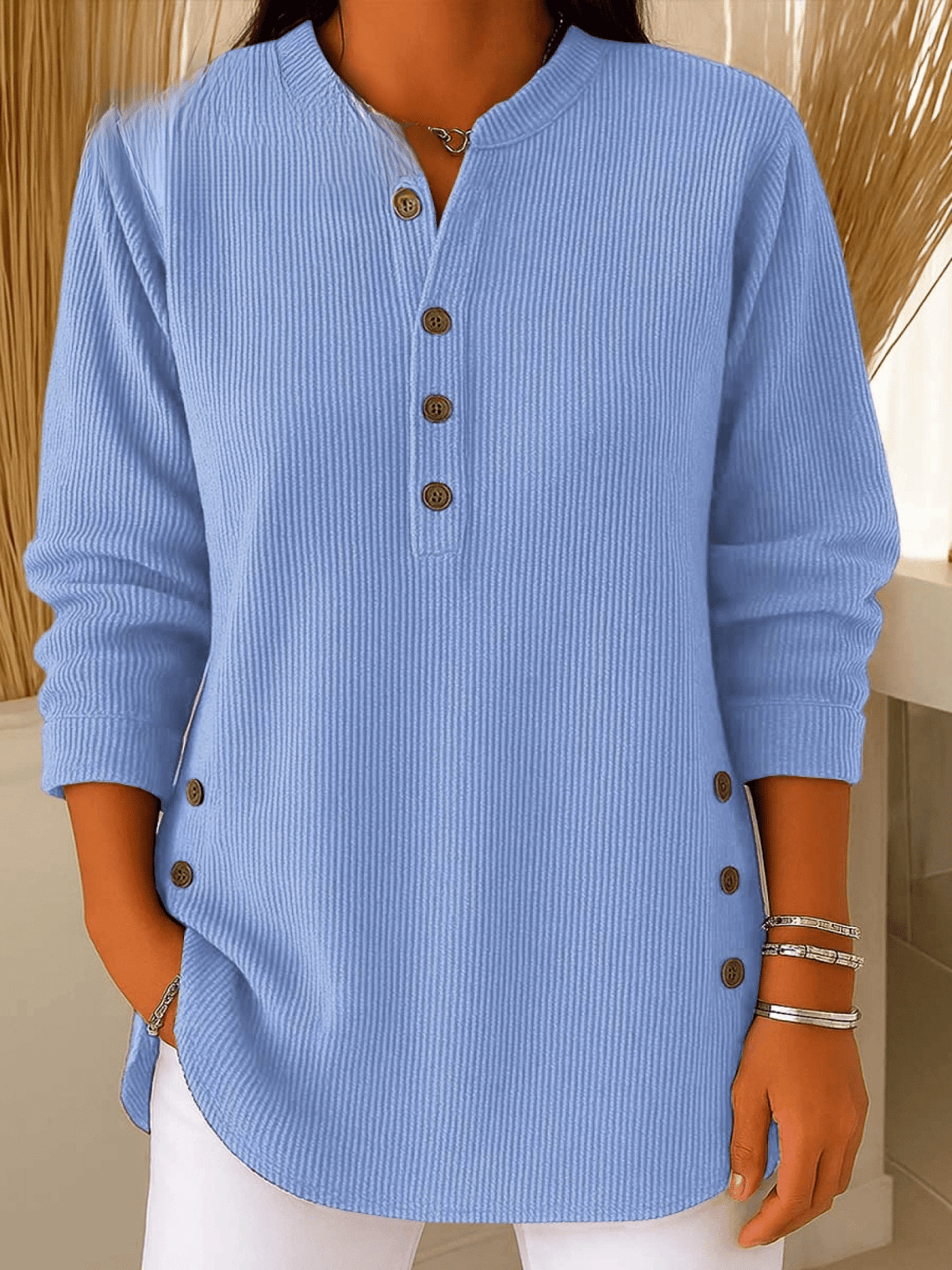Geripptes Damen-Longshirt mit Henley-Ausschnitt