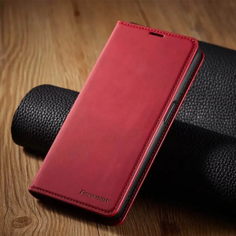Magnetische Samsung-Handyhülle mit geschlossenem Klappcover und genähtem Rand