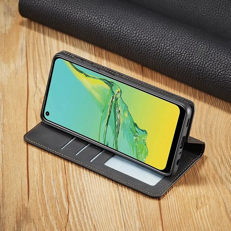 Magnetische Samsung-Handyhülle mit geschlossenem Klappcover und genähtem Rand