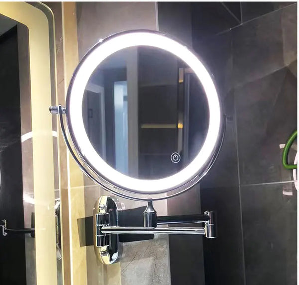 Schwarzer runder LED-Wandspiegel mit Schwenkarm und beleuchtetem Ring